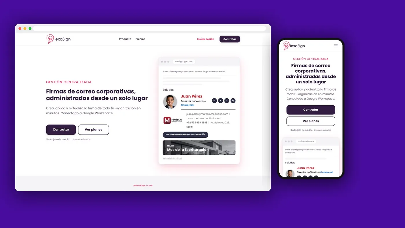 Sitio de PlexaSign — firmas de correo corporativas administradas desde un solo lugar