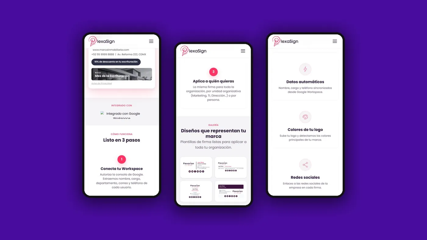 PlexaSign en móvil — plantillas, datos automáticos y banners de campaña